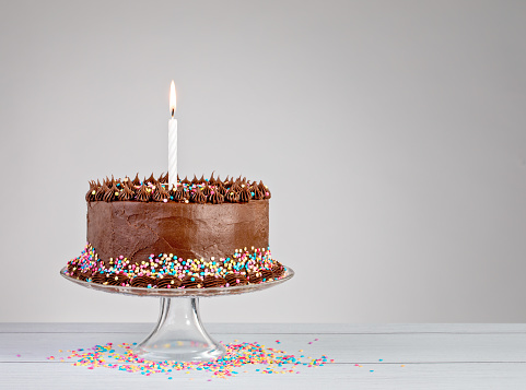 Chocolate birthday cake with colorful sprinkles and candle over white background.