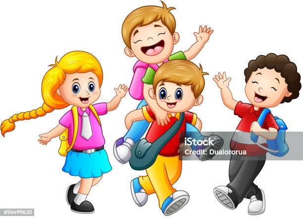 Happy Childrens Cartoon Stock Illustration - Download Image Now - Back to  School, Backpack, Bag - iStock