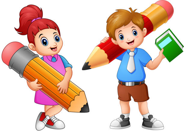 Cartoon Childrens Holding A Pencil Stock Illustration - Download Image Now  - Back to School, Book, Boys - iStock