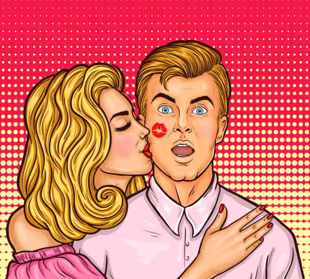 illustrazioni stock, clip art, cartoni animati e icone di tendenza di pop art donna sexy con rossetto rosso baciato un uomo - sex symbol female women cartoon