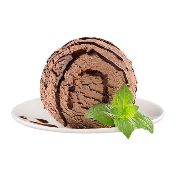 istock Ice cream brown scoop decorated mint leaves with strips, drops chocolate sauce on plate, isolated on white background. 696503340