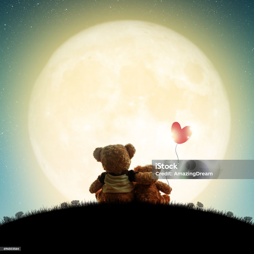 Couple Love Teddy Bear Hugging On Starry Night Sky Love Concept ...