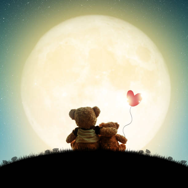 Couple love teddy bear (non branded) hugging on starry night sky, love concept stock photo