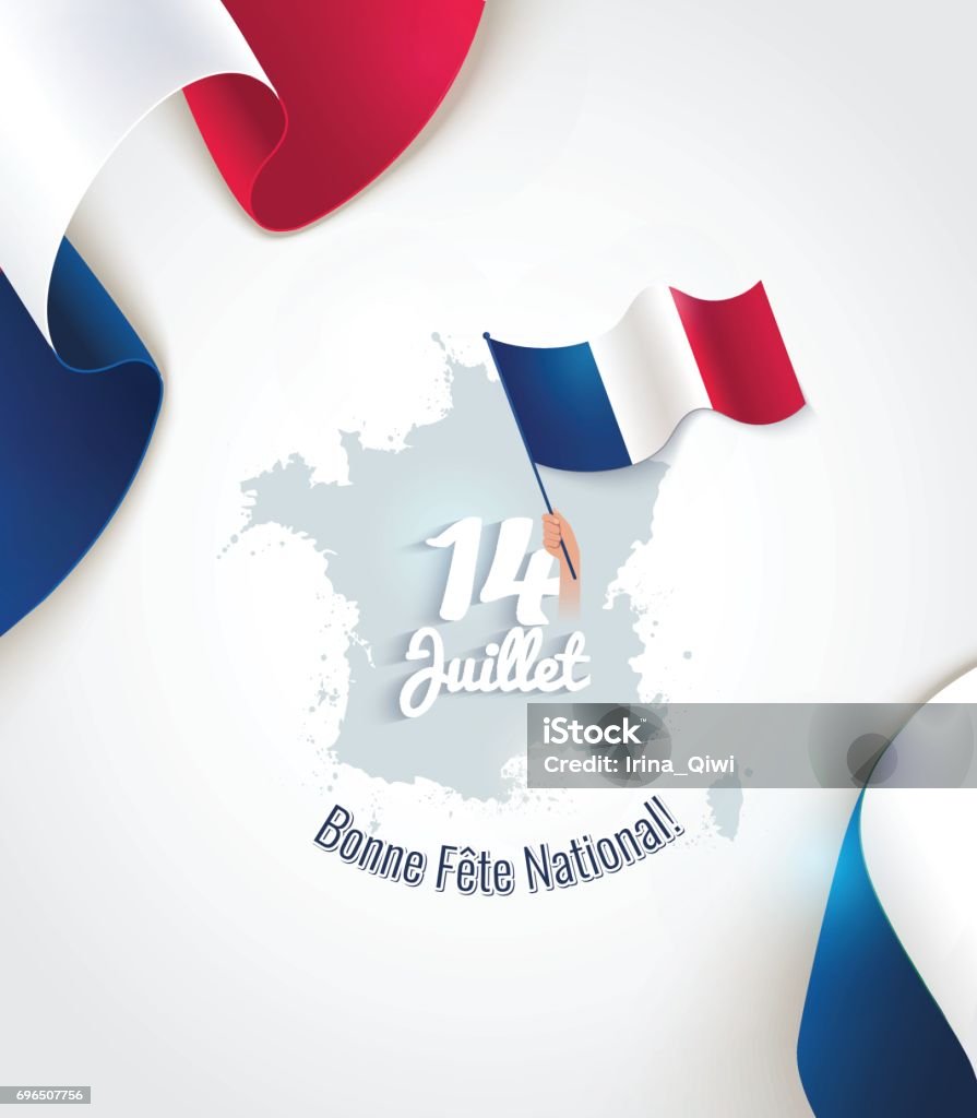 14 July Bastille day flyer, banner or poster. 14 July Bastille day flyer, banner or poster. Silhouette of french map and waving french flags. Holiday and celebration concept. Vector illustration Bastille Day stock vector