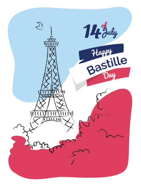 14 july Happy Bastille Day flyer, banner or poster. 14 july Happy Bastille Day flyer, banner or poster. Holiday background with eiffel tower sketch and french flag background. Vector hand drawn illustration bastille day stock illustrations