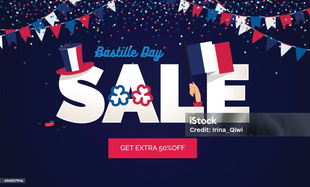 Bastille day Sale vector illustration. Bastille day Sale vector illustration. Sale poster with confetti, bunting flags, text and hat. Bastille Day stock vector