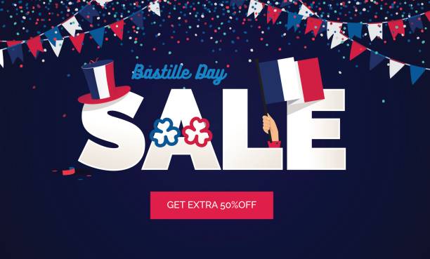 Bastille day Sale vector illustration. Bastille day Sale vector illustration. Sale poster with confetti, bunting flags, text and hat. bastille day stock illustrations