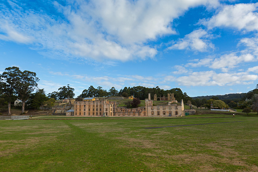 Port Arthur, Tasmania - April 12, 2017 : The Penitentiary at Port Arthur Historic site on Tasman Peninsula in south east of Tasmania, Australia. It was constructed in 1843 as a flour mill, converted into a penitentiary in 1857.