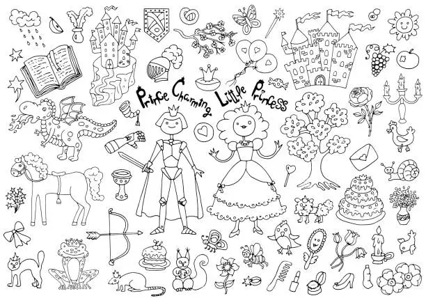 Vector illustration of Doodle set with royal prince and princess concept and accessories