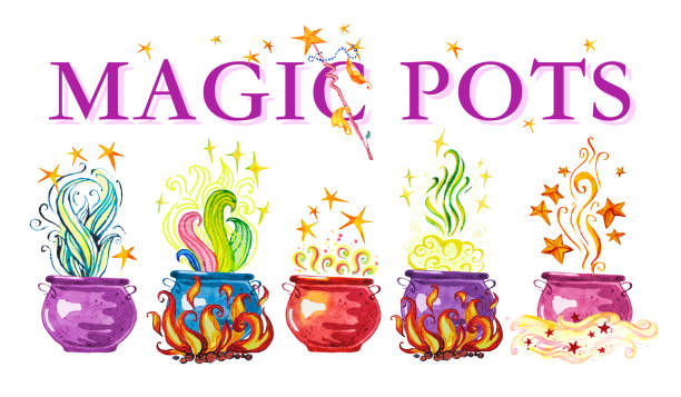 ilustrações de stock, clip art, desenhos animados e ícones de artistic watercolor hand drawn magic pots illustration with stars, smoke, fire and wizard wan isolated on white background. fairy tale magician. children illustration. - book magic picture book illustration and painting