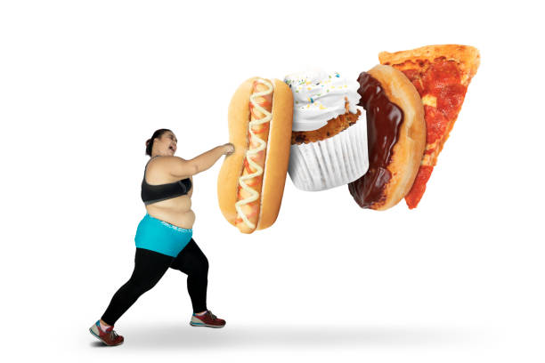 fat donna boxe fast food - pizza box foto e immagini stock
