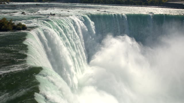 AERIAL, CLOSE UP: Raging Niagara River falling over the edge on Horseshoe Falls