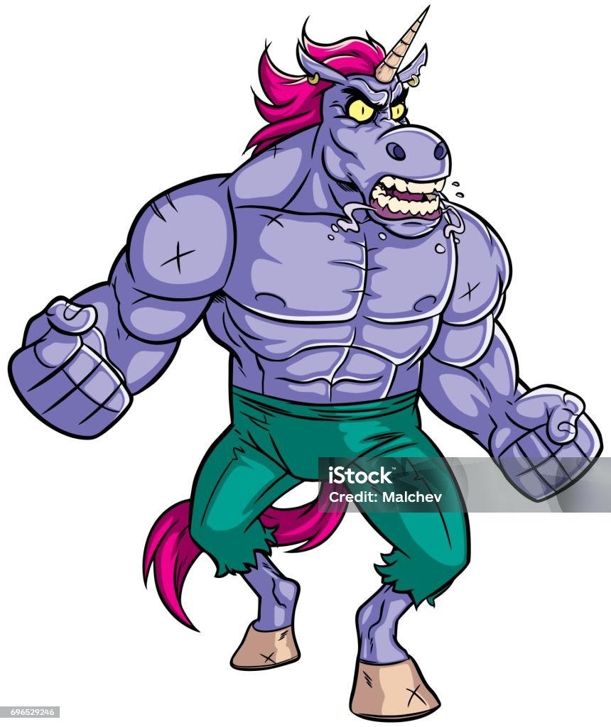 Unicorn Rage 2 Cartoon illustration of mad raging unicorn. Mascot stock vector