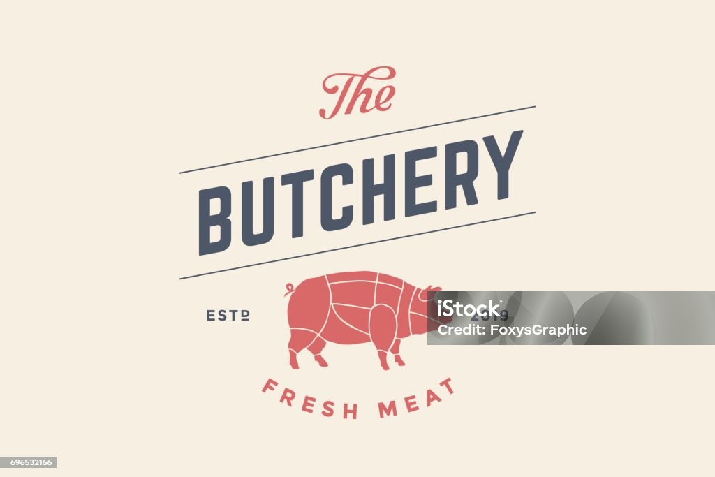 Emblème de la boucherie charcuterie avec la silhouette du cochon - clipart vectoriel de Logo libre de droits