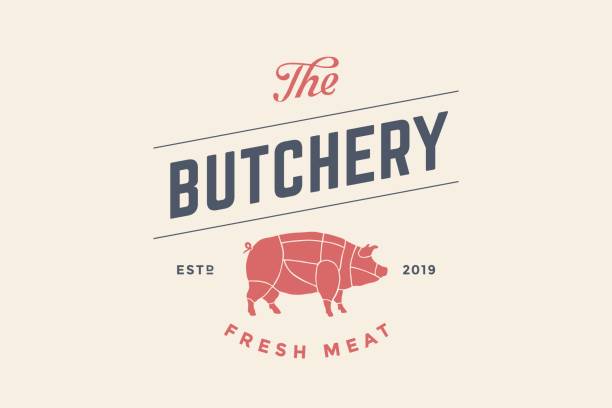 Emblem of Butchery meat shop with Pig silhouette, text The Butchery, Fresh Meat.Vector Illustration