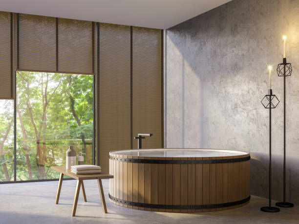 лофт стиль ванной комнаты с видом на природу 3d рендеринга изображения - candlelight concrete bathtub candle стоковые фото и изображения