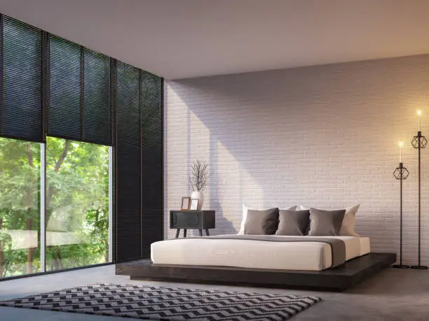 Photo of Modern loft bedroom with nature view 3d rendering image