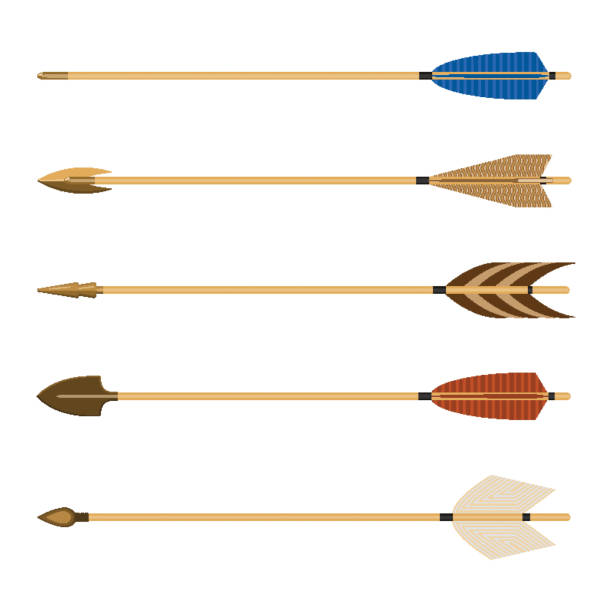 Archery arrows set vector illustration isolated on white Archery arrows set vector illustration isolated on white background. Arrow consists of shaft with arrowhead attached to front end, with fletchings and nock at the other. archery bow stock illustrations