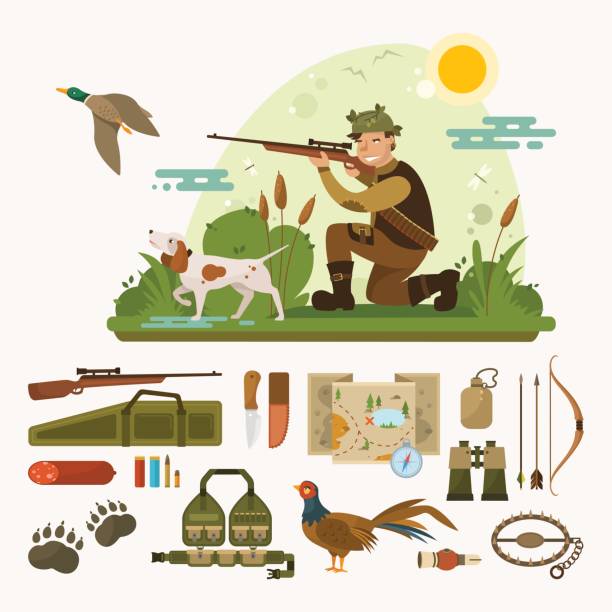 ハンターと犬と平らな地形。ベクトル狩猟のアイコンを設定 - pheasant hunter点のイラスト素材／クリップアート素材／マンガ素材／アイコン素材