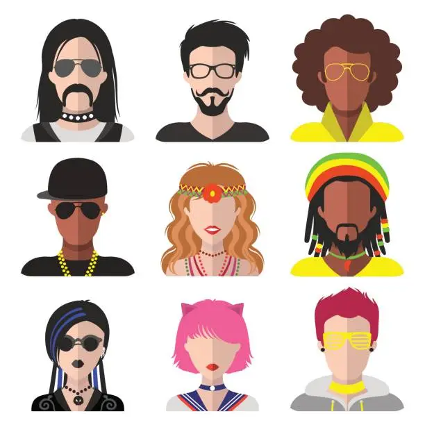Vector illustration of Vector set of different subcultures man and woman app icons in flat style. Goth, raper, hippy, hipster etc. web images.