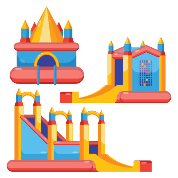 illustrazioni stock, clip art, cartoni animati e icone di tendenza di castelli gonfiabile per bambini set colorato isolato su bianco - inflatable castle play playground