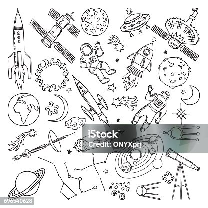 istock Doodle different universe elements. Planets, sun, earth and moon. Vector hand drawn illustrations 696540628