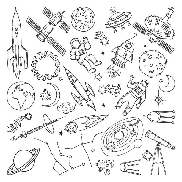 Doodle different universe elements. Planets, sun, earth and moon. Vector hand drawn illustrations Doodle different universe elements. Planets, sun, earth and moon. Vector hand drawn illustrations. Moon and star cartoon, earth planet in universe doodle hand drawn rocketship illustrations stock illustrations