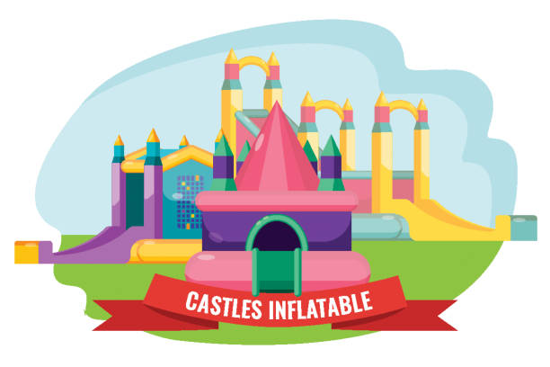 城膨脹可能な夏の残りが白で隔離の設定 - inflatable castle play playground点のイラスト素材／クリップアート素材／マンガ素材／アイコン素材