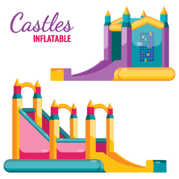 illustrazioni stock, clip art, cartoni animati e icone di tendenza di due castelli colorati gonfiabili isolati su poster vettoriale bianco - inflatable castle play playground