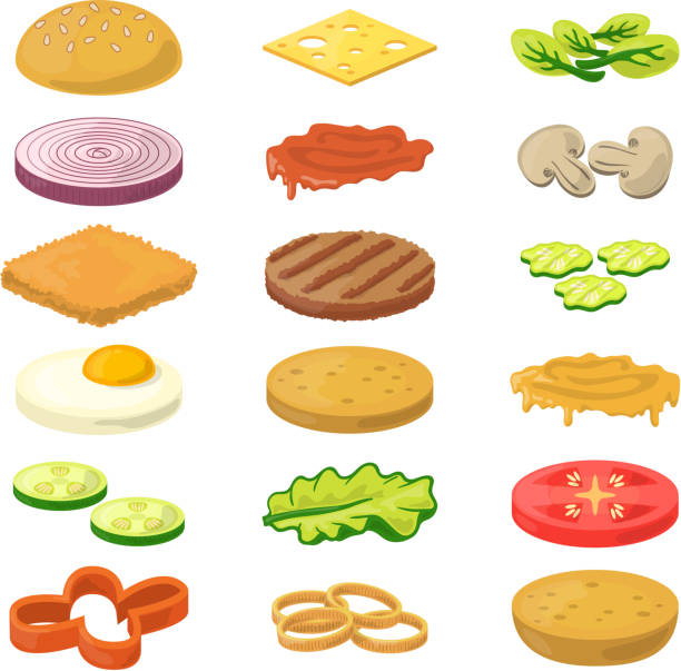 vektor-illustration der verschiedenen burger-zutaten im cartoon-stil. fast-food bilder - menu fast food restaurant food beef stock-grafiken, -clipart, -cartoons und -symbole