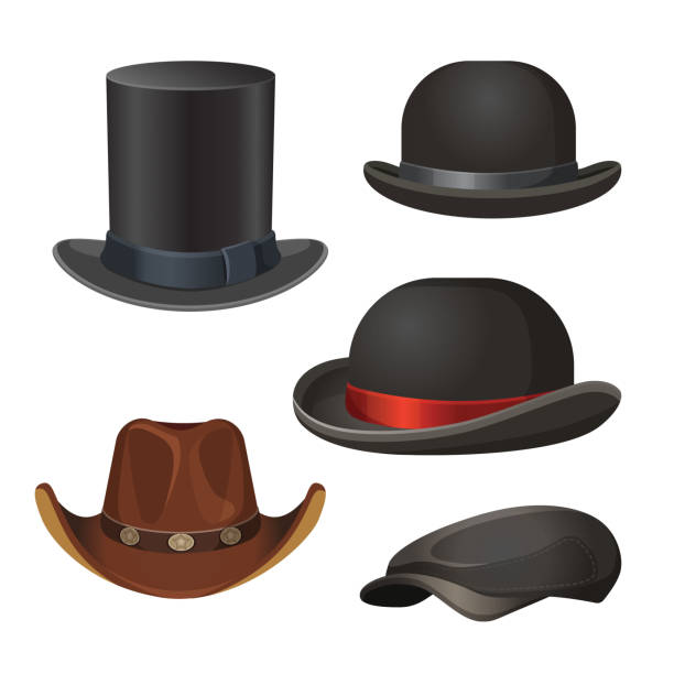 Hat for men set isolated on white vector illustration Hat for men set in black and brown colors with and without ribbons isolated on white vector illustration. Top and bowler shaped headdresses bowler hat stock illustrations