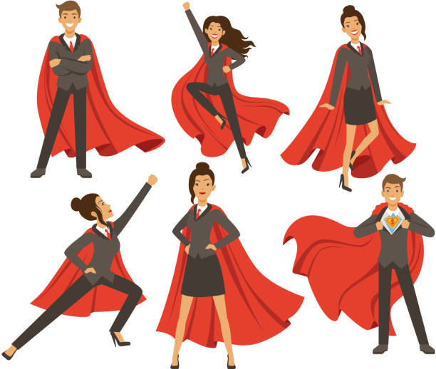 Businesswoman in action poses. Female superhero flying. Vector illustrations in cartoon style Businesswoman in action poses. Female superhero flying. Vector illustrations in cartoon style. Business woman super hero and person strong leader lady cape garment stock illustrations