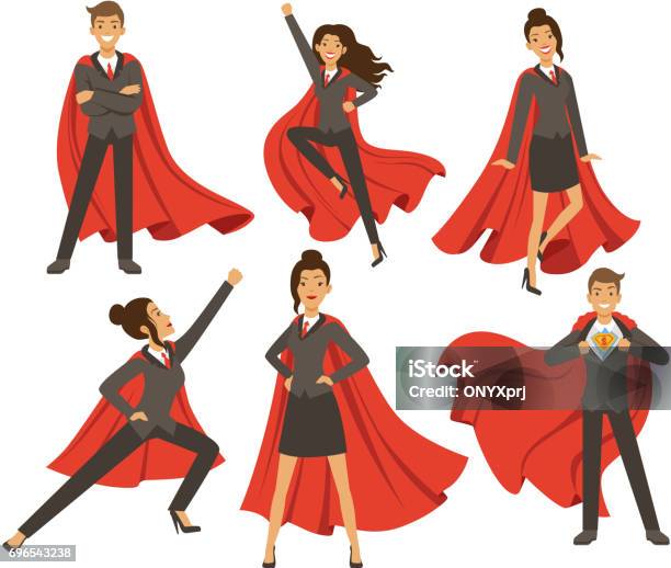 Businesswoman In Action Poses Female Superhero Flying Vector Illustrations In Cartoon Style Stock Illustration - Download Image Now