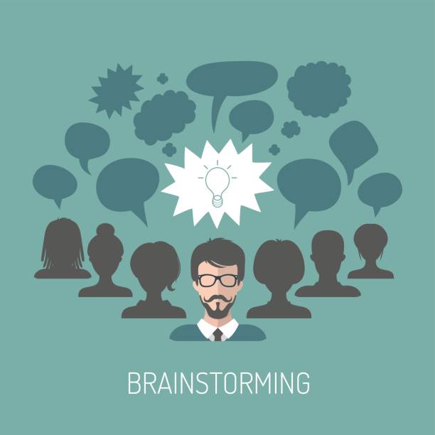 istock Vector illustration of brainstorming with people and speech bubbles. Business team management icons in flat style. 696543586