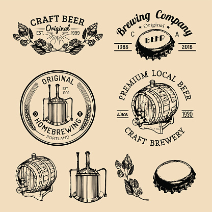 Old brewery badges set. Kraft beer retro signs or icons with hand sketched glass, barrel, bottle, mug, kettle, herbs and plants. Vector vintage homebrewing labels.