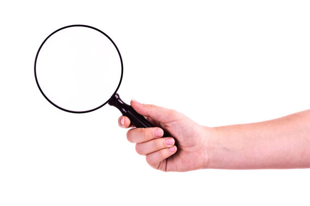 istock Hand holding magnifying glass against white background 696549172