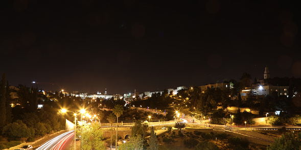 Jerusalem old city night panoramic aerial view