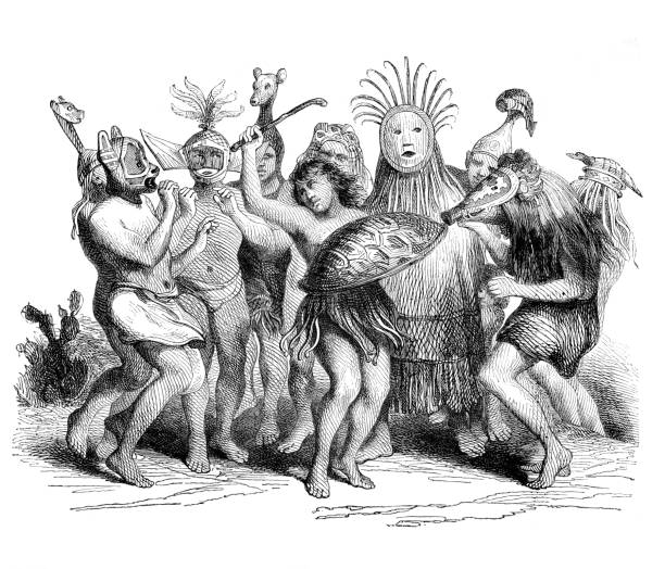Native indigenes of the Para province in Brazil dancing with masks Steel engraving of native indigenes of the Para province in Brazil dancing with masks ritual mask stock illustrations