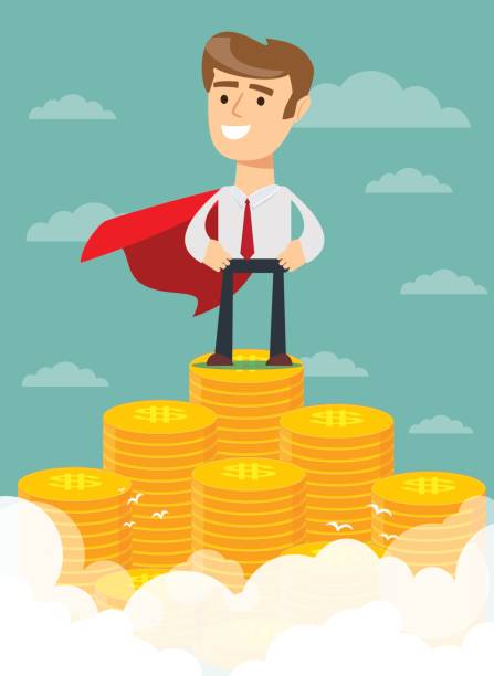 ilustrações, clipart, desenhos animados e ícones de super-herói orgulhosamente de pé na escadaria enorme de dinheiro em uma pose confiante. - superhero currency heroes savings
