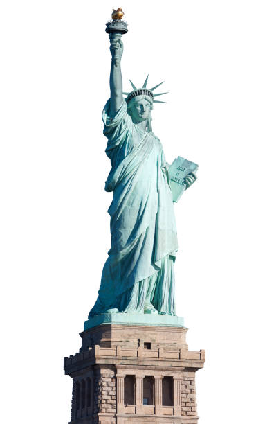 statue de la liberté avec piédestal sur un tracé de détourage blanc, - statue of liberty liberty statue flaming torch photos et images de collection