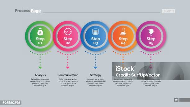 Five Circles Points Diagram Slide Template Stock Illustration - Download Image Now - Diagram, Five People, Pointing