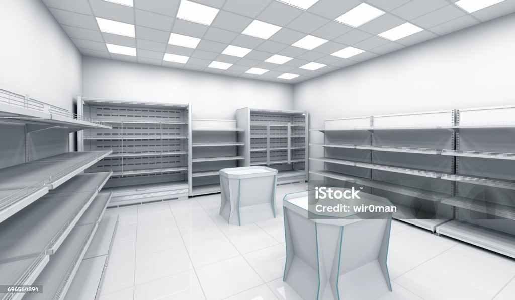 Store with empty shelves and places for advertising Store with empty shelves and places for advertising. 3d image Backgrounds Stock Photo