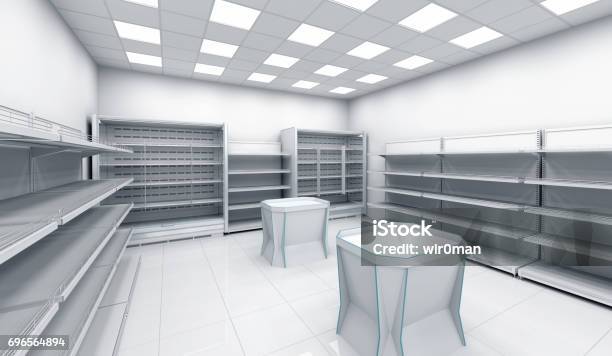 Store With Empty Shelves And Places For Advertising Stock Photo - Download Image Now