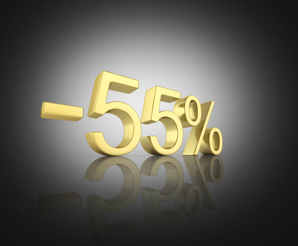 istock Gold text 55 percent off on black background with reflection 3D render 696565262