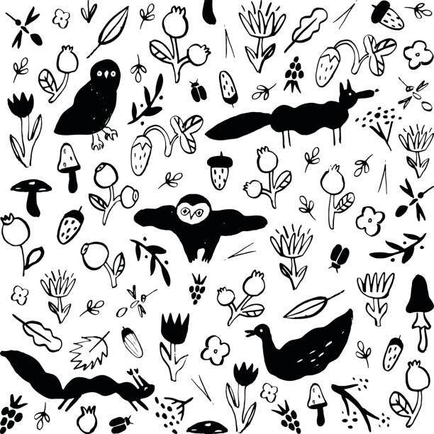 Seamless black and white vector pattern with animals, flowers, berries, mushrooms and insects. Children's drawing or Doodles. Strongly stylized funny image of an owls, fox, squirrel, duck. Forest. background of a owl black and white stock illustrations