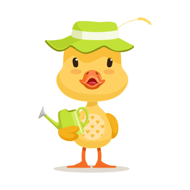 ilustraciones, imágenes clip art, dibujos animados e iconos de stock de patito de dibujos animados poco uso sombrero verde de pie y explotación regadera, vector de caracteres emoji linda ilustración - chicken young bird animal egg baby chicken