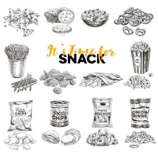 ilustraciones, imágenes clip art, dibujos animados e iconos de stock de mano de vector dibujado ilustración retro refrigerio personal. - pretzel snack salty food