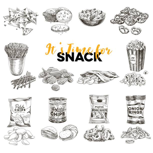 ilustrações de stock, clip art, desenhos animados e ícones de vector hand drawn illustration with retro snack staff. - pretzel snack salty food
