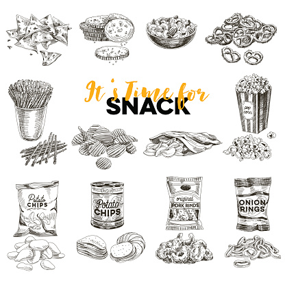 Vintage vector hand drawn snack and junk food sketch Illustrations set. Retro style. Chips,nuts, popcorn.