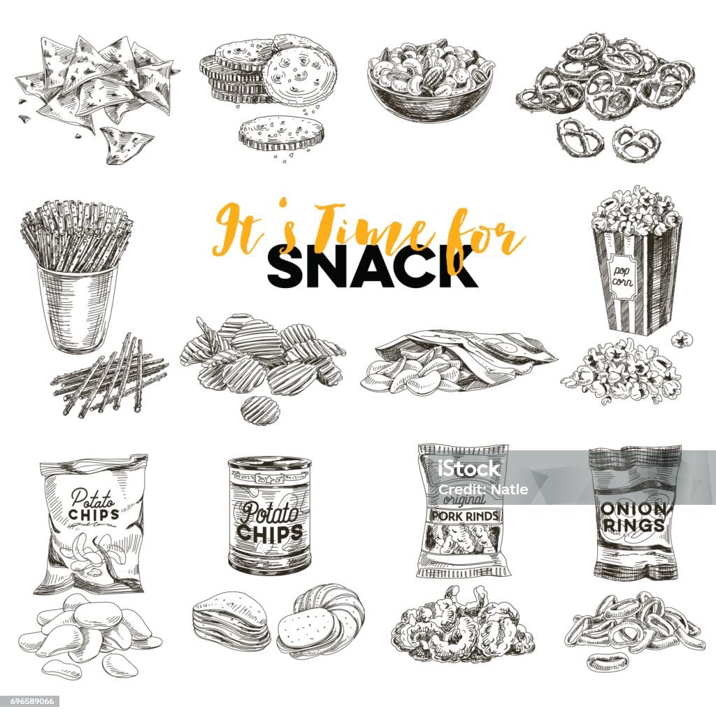 Vector hand drawn Illustration with retro snack staff. Vintage vector hand drawn snack and junk food sketch Illustrations set. Retro style. Chips,nuts, popcorn. Snack stock vector